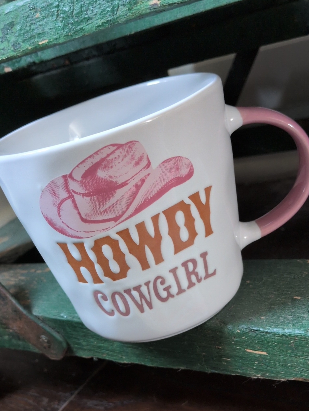 Howdy Cowgirl Cowboy Hat Pink Handle Ceramic Coffee Tea Mug by Prima Design